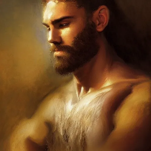 Prompt: handsome portrait of a young hairy guy fitness posing, war hero, lanky, radiant light, caustics, reflective, by gaston bussiere, bayard wu, greg rutkowski, giger, maxim verehin