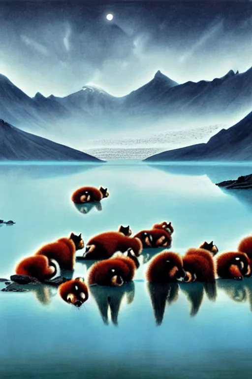 Image similar to a glacial lake in china with 8 red pandas swimming together by arthur haas and bruce pennington and john schoenherr, cinematic matte painting, zaha hadid building, photo realism, dark moody color palate, blue hour stars, desolate glacial landscape,