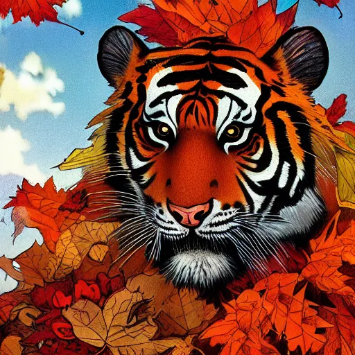 Prompt: a highly detailed portrait of cartoon tiger, sweating and fanning, autumn leaves on the ground, concise lines, ultradetailed environment, sharp focus, cinematic lighting, character art, 8 k, by alphonse maria mucha and kim jung gi