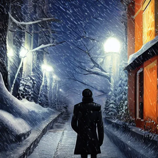 Prompt: by alexander trufanov by artgerm by simon stalenhag snow - covered man from back pacing lowering head to empty narrow alley with street lamps in park with pines to the horizon, dressed in short leather bomber jacket, with hands in pockets, snowfall at night, mullet long haircut, black hairs, cinematic, dramatic, detailed, realistic, movie shot, low lighting