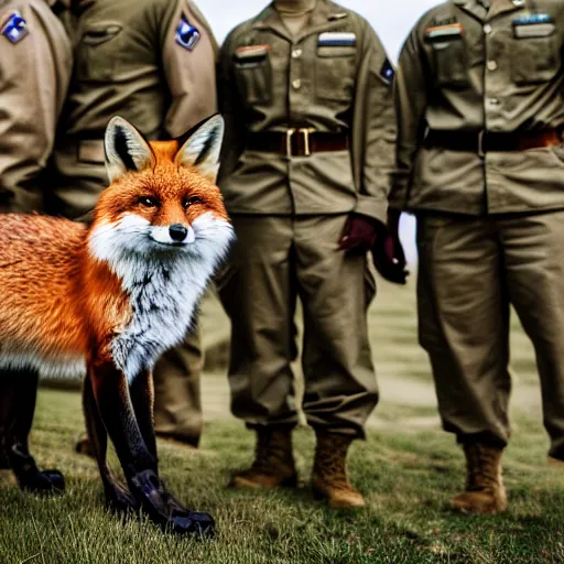 Prompt: a group of fox animals dressed in modern american military soldier uniforms, foxes animals, 8 5 mm f / 1. 4