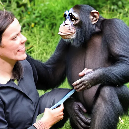 Prompt: a chimpanzee scientist teaching evolution blackboard