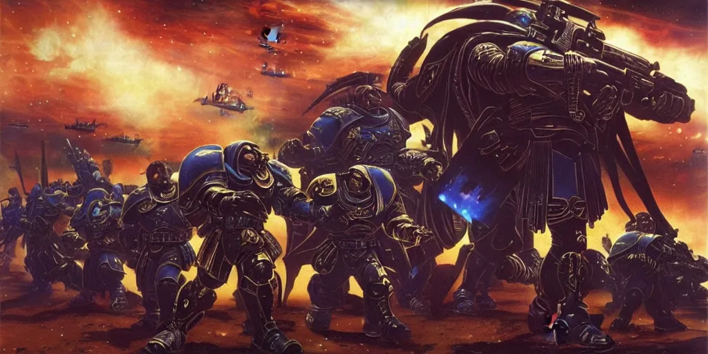 Image similar to Astartes are fighting against space orcs, huge armies, epic battle, a bunch of explosions, bullet tracers, Astartes are very well detailed, orcs are very well detailed, Photo style retro futurism art