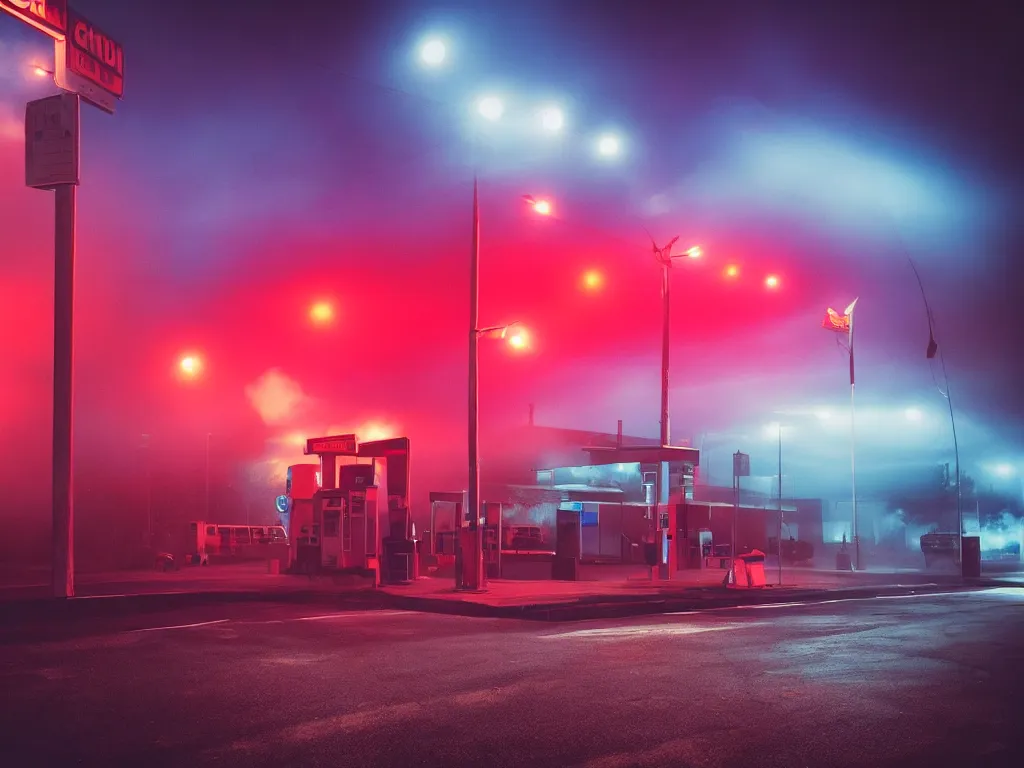 Image similar to “photography of gas station , fog, blue and red lights, night, mood, atmospheric, full of colour, digital photography”