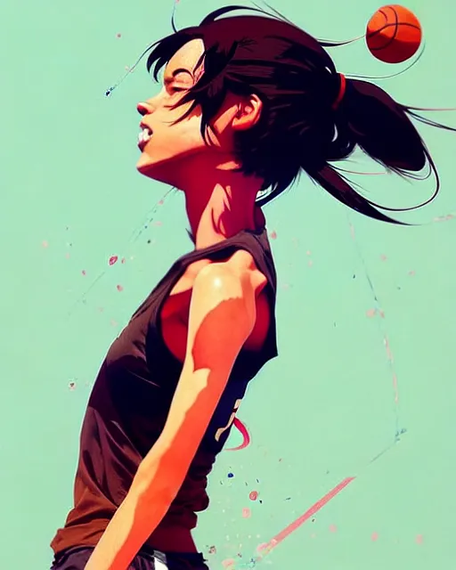 Image similar to a ultradetailed beautiful panting of a woman playing basketball, by conrad roset, greg rutkowski and makoto shinkai, trending on artstation