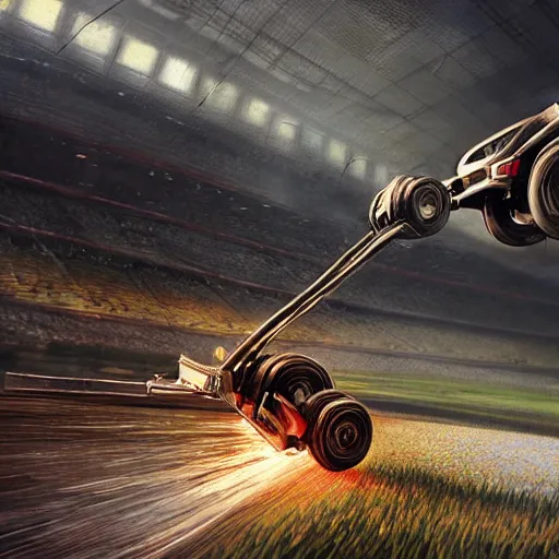 Image similar to hyperrealistic mixed media high resolution painting of Vin Diesel racing a lawnmower, stunning 3d render inspired art by István Sándorfi and Greg Rutkowski and Unreal Engine, perfect symmetry, dim volumetric lighting, 8k octane beautifully detailed render, post-processing, extremely hyper-detailed, intricate, epic composition, highly detailed attributes, highly detailed atmosphere, cinematic lighting, masterpiece, trending on artstation, very very detailed, masterpiece, stunning, flawless structure, lifelike texture, perfection,