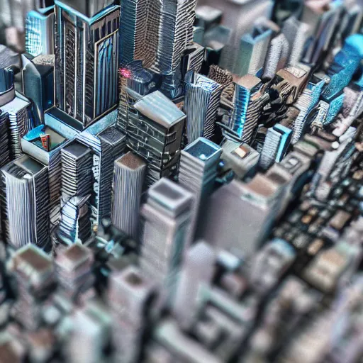 Image similar to macro shot of tiny cityscape, ultra detail, ultra realistic, hyper detailed, sharp focus, ray tracing, octane render