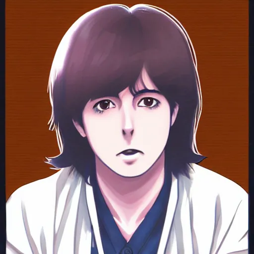 Prompt: anime illustration of young Paul McCartney from the Beatles, wearing a blue check shirt, long sideburns, ufotable