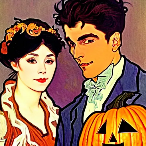 Image similar to painting of handsome young beautiful jeff and gorgeous rina together at the jack o'lantern halloween party, elegant, clear, painting, stylized, art, art by alphonse mucha, vincent van gogh, egon schiele,