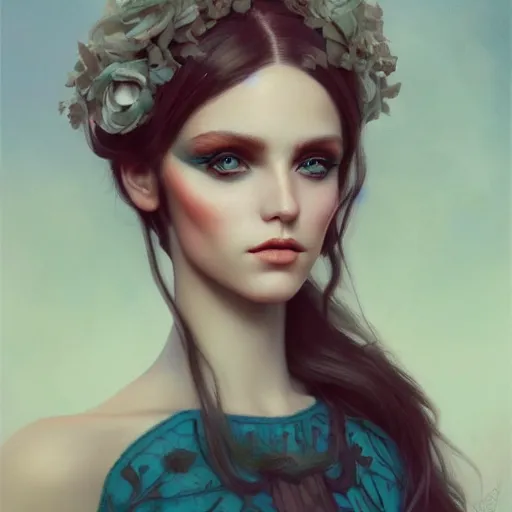 Image similar to tom bagshaw portrait, very beautiful dollpunk in a full dress and long hair, professionally retouched, perfect blue eyes, ultra realistic soft painting, soft facial traits, perfectly detailed linework, symmetrical accurate intricate features, highly detailed, artstation, sharp focus