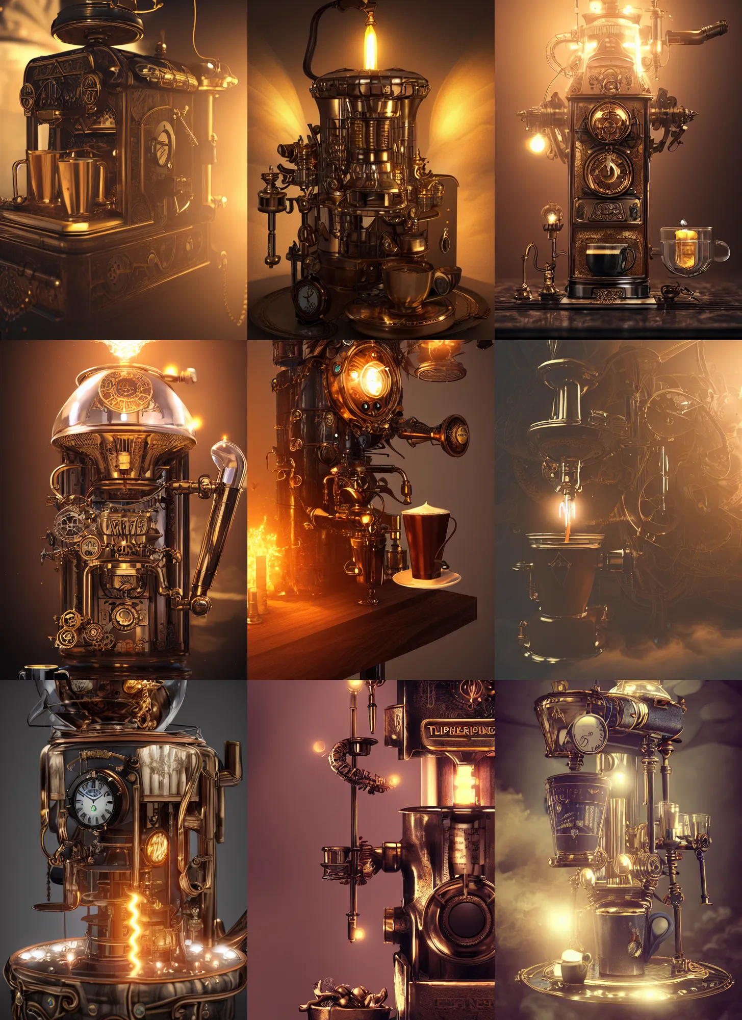 Prompt: steampunk coffee machine, lightning, intricate detail, volumetric lighting, epic composition, hyper detailed, ultra realistic, sharp focus, octane render, candle, volumetric, ray tracing, artstation trending, cgsociety, sense of awe, swirling mist, 4 k