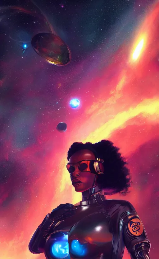 Image similar to beautiful black female cyberpunk astronaut in a 1 9 5 0's pinup art, cinematic composition, award winning art, octane render, exploding nebulae, outer space, artwork by norman rockwell