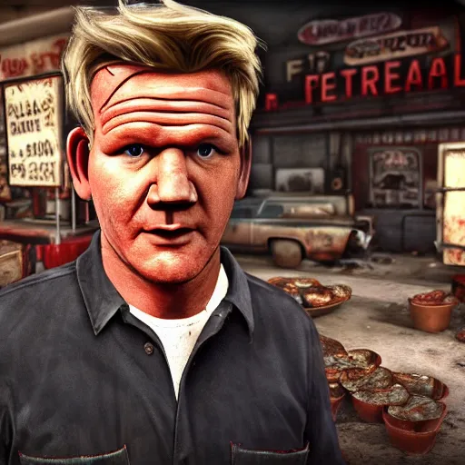 Image similar to gordon ramsay as street food vendor in fallout new vegas, very detailed, realistic, 4 k, professional photography