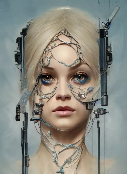 Prompt: symmetry! elsa jean, machine parts embedded into face, tubes and cables, intricate, elegant, highly detailed, digital painting, artstation, concept art, smooth, clockwork, sharp focus, illustration, art by artgerm and greg rutkowski and alphonse mucha, 8 k