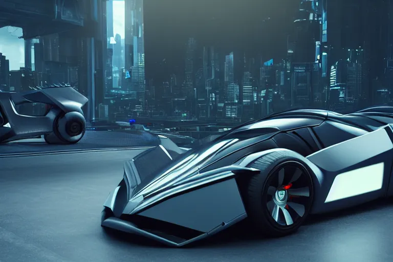 Image similar to cyberpunk batmobile concept inspired sports car, futuristic look, highly detailed body, very expensive, photorealistic camera shot, bright studio setting, studio lighting, crisp quality and light reflections, unreal engine 5 quality render