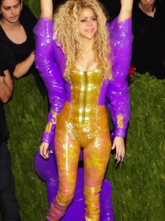 Image similar to shakira wearing very tight translucent purple and gold latex crazy outfit met gala photoshoot