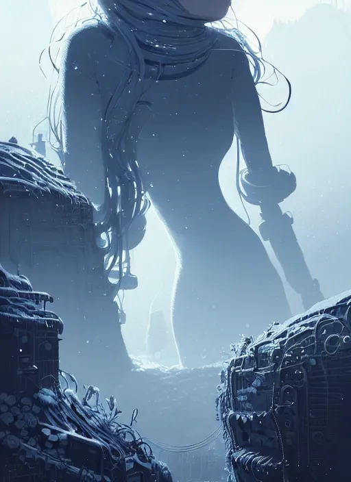 Image similar to highly detailed portrait of a hopeful frostpunk long blonde hair lady with curvy figure, stray wiring by atey ghailan, james gilleard, by joe fenton, by greg rutkowski, by greg tocchini, by kaethe butcher, 4 k resolution, gradient blue, black and white color scheme!!! ( ( glaciated robotic dystopian city background ) )