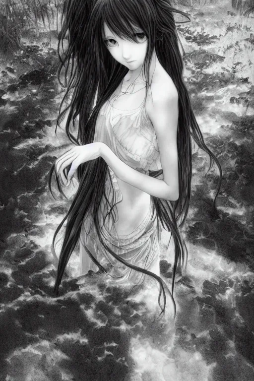 Image similar to a vertical portrait of a character in a scenic environment by Yoshitaka Amano, black and white, dreamy, dark eyes, wavy long black hair, highly detailed