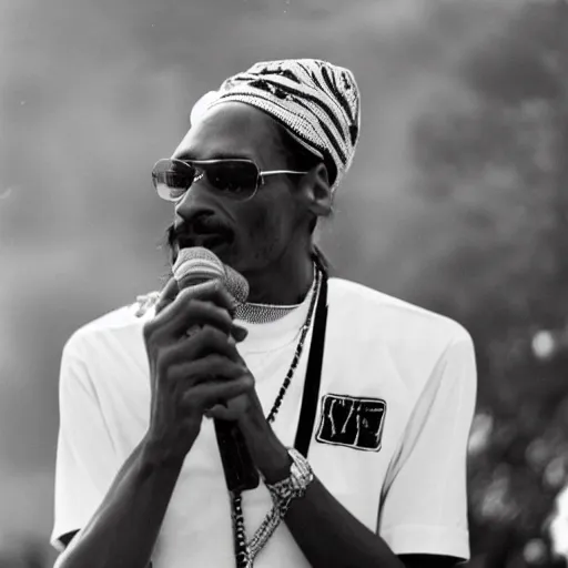 Image similar to vintage photograph of Snoop Dogg speaking at the Million Man March, Sigma 40mm, portrait, black and white