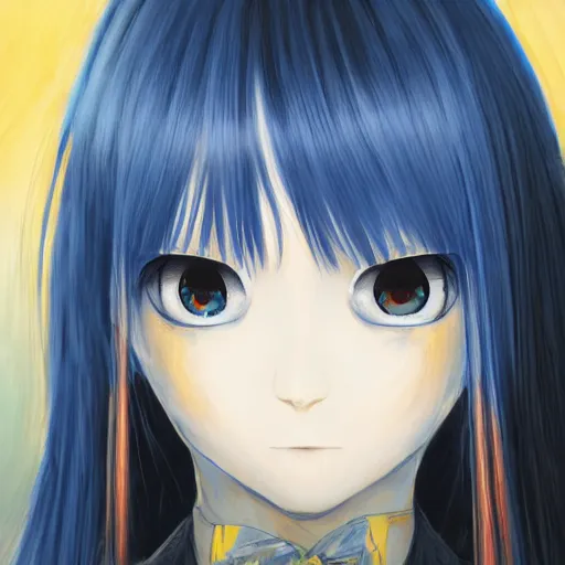 Image similar to full face shot of rimuru tempest, sky blue straight hair, long bangs, with amber eyes, wearing a fancy black jacket, high collar, ultra detailed, brush strokes, digital painting, cinematic, wlop artstation, closeup, pixiv, eerie, scary, intimidating glare, evil, yoshitaka amano, junji ito,