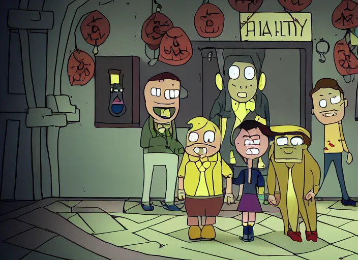Image similar to still from animated horror movie, animated movie shot, in style of gravity falls