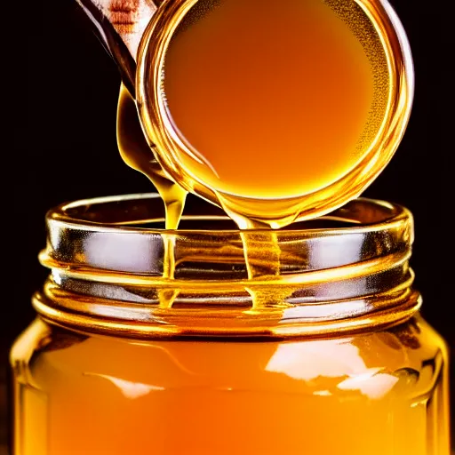 Image similar to jar of honey, nectar from the gods, dripping down onto the planet earth, coating it in honey, highly detailed, dynamic shadows, 4 k, wallpaper, professional photo, caustics