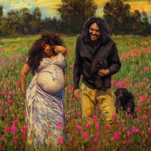 Image similar to egyptian man with long curly hair in a field of flowers, alongside a pregnant black woman with curly hair, with a small black puppy in the middle, golden hour, vintage, impressionist painting, fine art, oil painting, dreamy, pastel, laughing, happy, intricate details, sharp, peaceful, serene