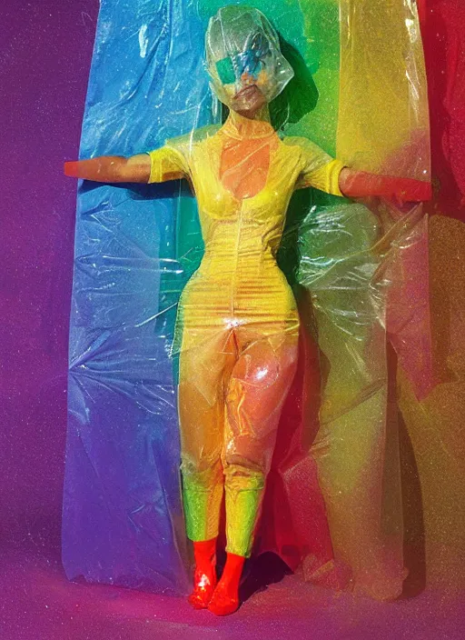 Prompt: colorful rainbow woman in a translucent clothing made from plastic bag with paper bags for clothes standing inside paper bags with paper bag over the head at store display, highly detailed, artstation, art by PAUL LEHR
