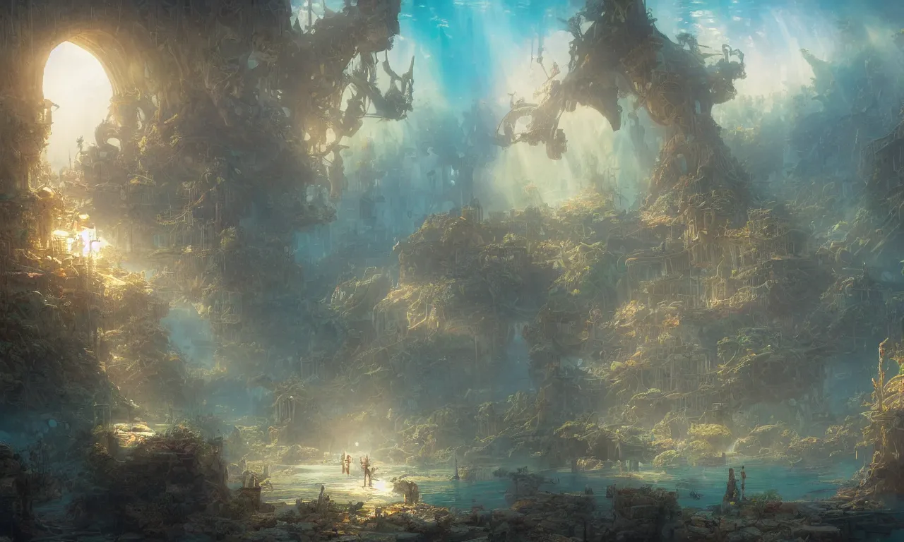 Image similar to a scenic landscaping view of the lost and abandoned city of Atlantic under water, ray of sunlight, mermaids in distance, Greg Rutkowski, Moebius, Mohrbacher, Mucha, blue and gold color scheme, ultra wide angle, ultra detailed, light effect