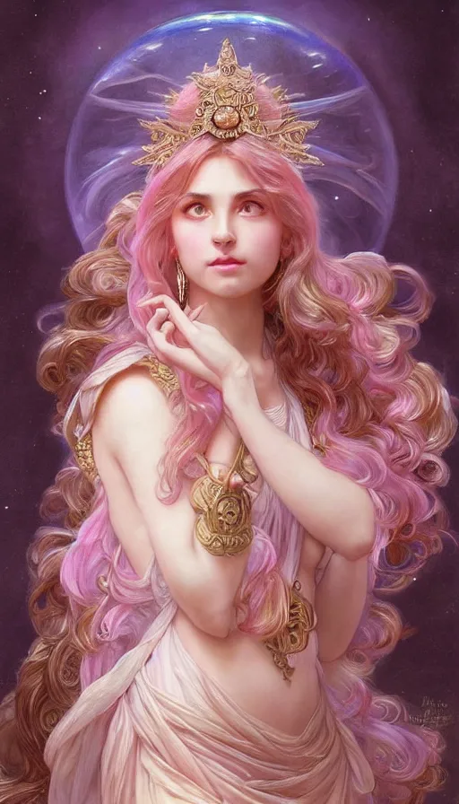 Image similar to portrait of stunning Goddess of magic, dreamy and ethereal, expressive pose, big pink eyes, peaceful expression, ornate frilly dress, fantasy, intricate, elegant, many rainbow bubbles, rose tones, highly detailed, digital painting, artstation, concept art, smooth, sharp focus, illustration, art by artgerm and greg rutkowski and alphonse mucha