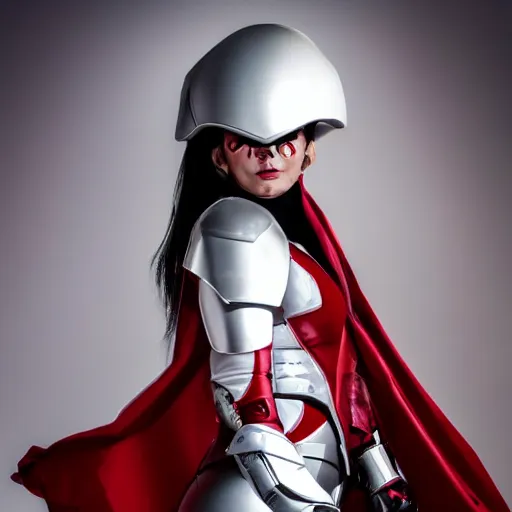 Image similar to headshot of an beautiful female soldier in glossy sleek white armor with tiny red details and a long red cape, downward angle, determined expression, on the surface of mars, night time, dramatic lighting, cinematic, sci-fi, hyperrealistic