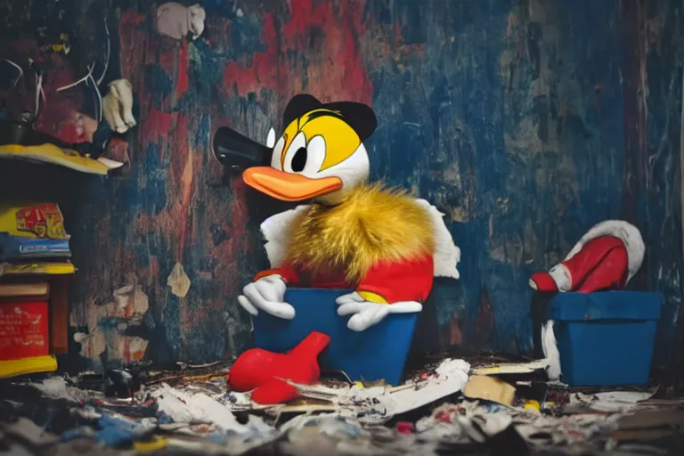 Image similar to donald duck hide in dark corner of dirty messy room, smiling, dark, flash light, dream core, horror