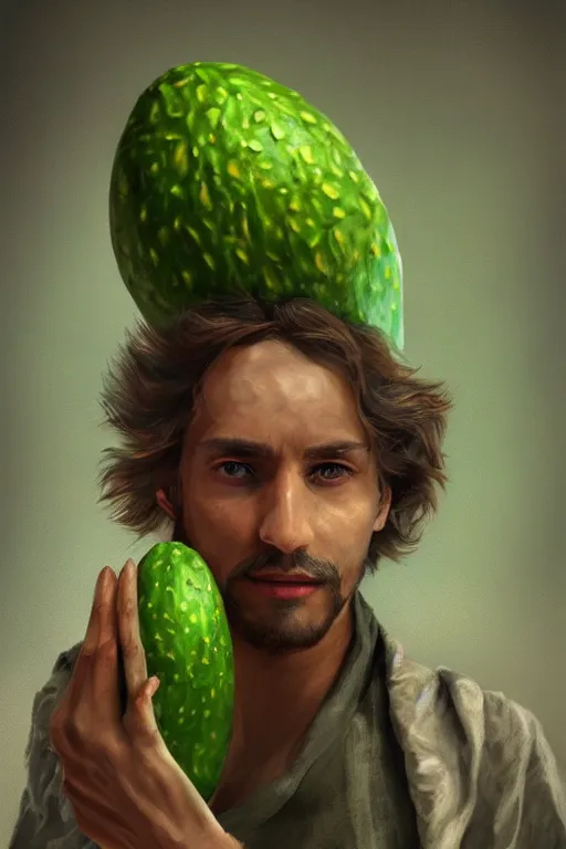 Image similar to avocadoman is a is a sorcerer's apprentice, artgem, digital painting, color painting, hyperrealistic, concept art, oil painting, masterpiece, concept art, trending on deviantart, realistic and detailed face, highly detailed, high quality, 8 k, soft lighting, fancy colors, fantasy, cinematic, high coherence