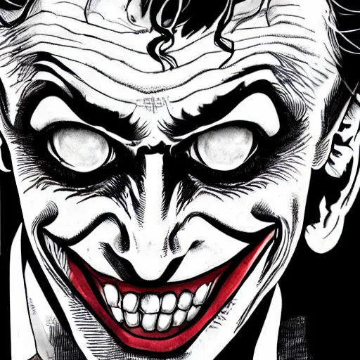 Image similar to The Joker portrait in the style of Junji Ito. Manga. Black and white. Gothic. Horror. Extremely detailed. 4K.
