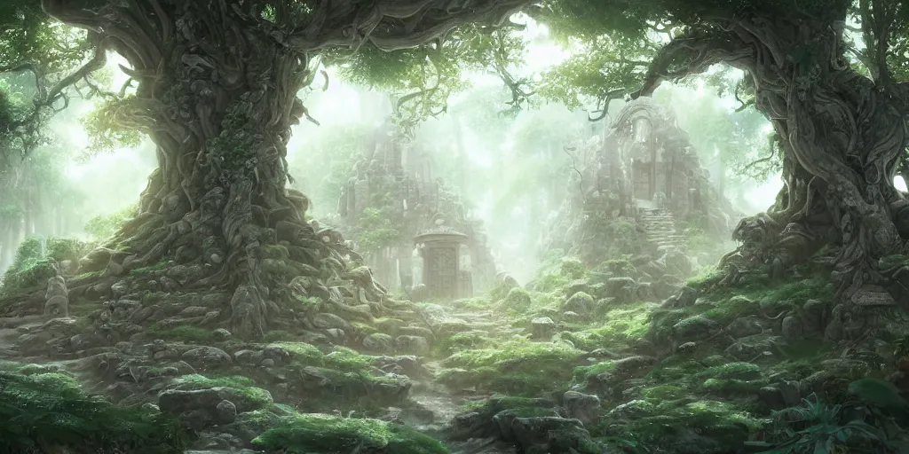 Prompt: An elven temple made from white wood built into a gigantic tree, cinematic angle, beautiful, studio Ghibli, magical, cinematic lighting, detailed realism painting, hyperrealistic, 8k