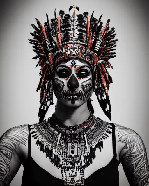 Image similar to photorealistic head and shoulders photo of beautiful female ornate fantasy indian tribal aztec warrior goddess, confident, minimal black skull warpaint, tattoos, Neil Blevins, James Paick, Natasha Tan Maciej Kuciara, Frank frazetta, arney freytag, Ritu Kumar, Sabyasachi Mukherjee, Annie Leibowitz, Magic the gathering,octane, bokeh, 8k, fashion pose, cinematic, National Geographic photo shoot, 28mm