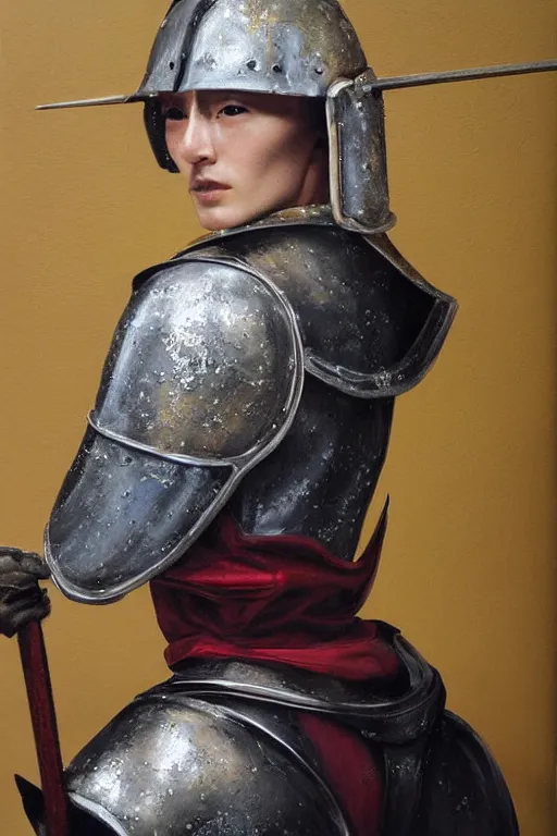 Image similar to hyperrealism oil painting, close-up portrait of medieval fashion model, knight, steel gradient mixed with nebula sky, in style of baroque mixed with 70s japan book art