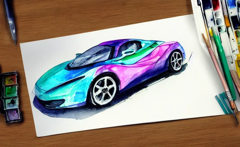 Image similar to colorful watercolor sketch, sport car