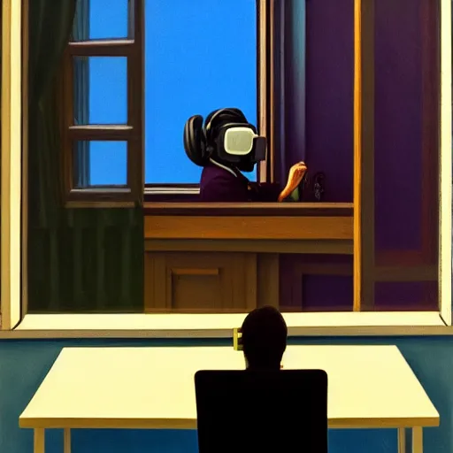 Prompt: A fine art painting of a man wearing Vr goggles at a desk through a window on a British street. In the style of Edward Hopper and Wes Anderson