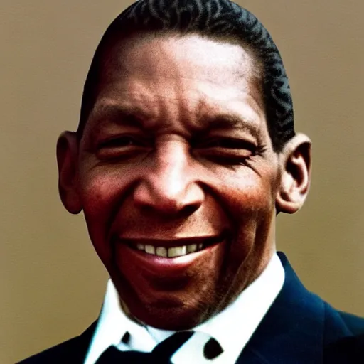 Prompt: realistic photo of old john coltrane at age 7 6, smiling, vintage colorized photo