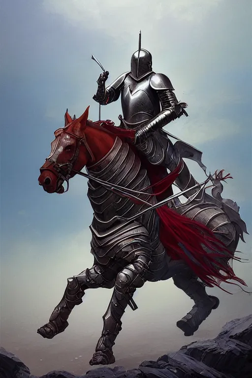 Prompt: a knight in armor on a thick strong horse by mike allred and moebius and karol bak sharp digital painting. dreaming latent space. matte painting, concept art. artstation. digital render. realistic, 8 k