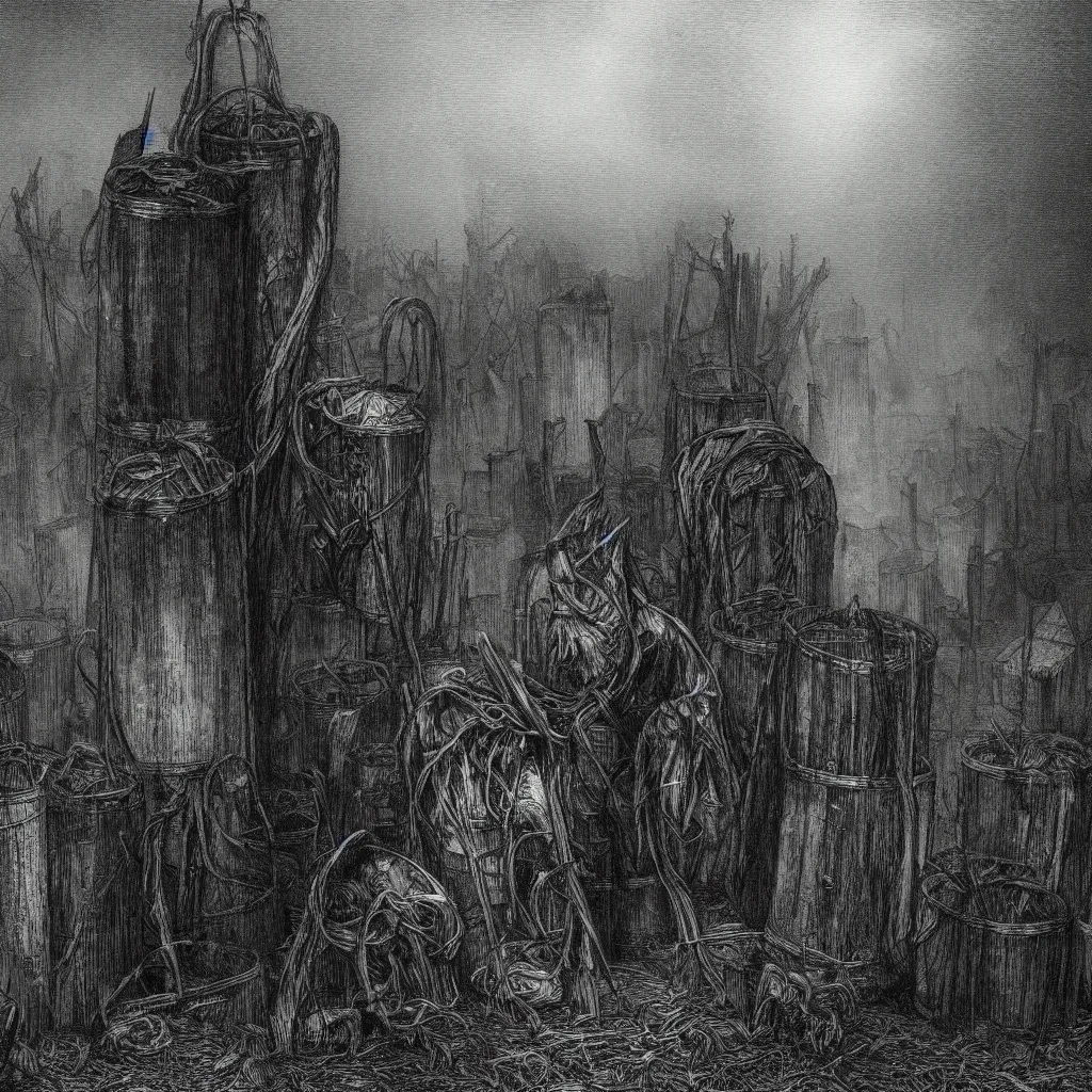 Image similar to steel barrels in a graveyard, creepy atmosphere, dark, portrait, realistic, very realistic, illustration by gustave dore