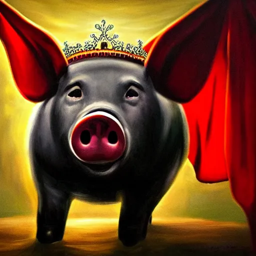 Prompt: a humanoid pig, wearing a crown, red cape and wielding a black axe, vivid colors, soft lighting, atmospheric, cinematic, moody, oil on canvas, 8 k