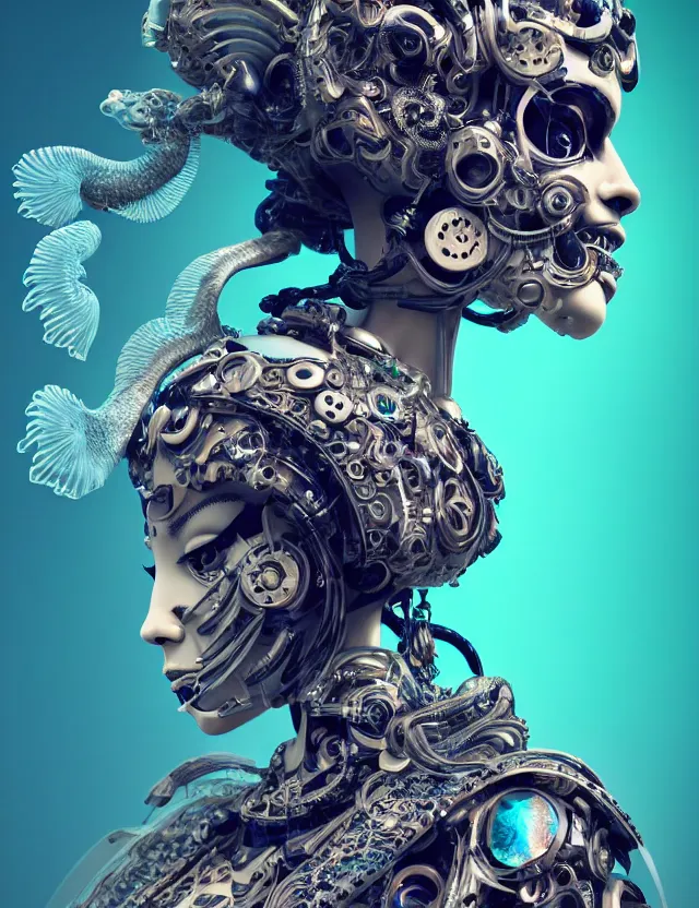 Image similar to 3 d goddess cyborg close - up profile portrait with ram skull. beautiful intricately detailed japanese crow kitsune mask and clasical japanese kimono. betta fish, jellyfish phoenix, bio luminescent, plasma, ice, water, wind, creature, artwork by tooth wu and wlop and beeple and greg rutkowski