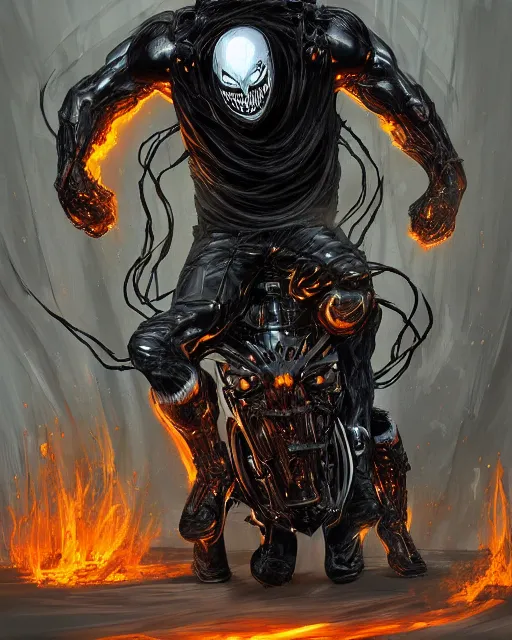 Image similar to ghost rider symbiote, dynamic lighting, fantasy concept art, trending on art station, stunning visuals, creative, cinematic, ultra detailed, comic strip style