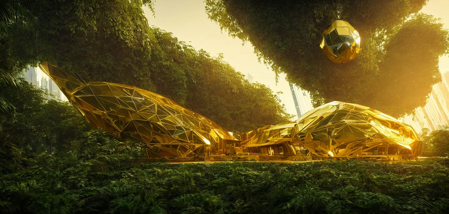 Image similar to futuristic shinny golden building in an jungle landscape of a biopunk city by taras shevchenko and wlop, movie poster, golden ratio, evening lighting, film still, realistic, octane render redshift arnold materials unreal engine, 8 k post production, hyper detailed