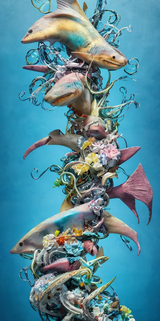 Prompt: closeup photograph of a surrealist sculpture fish intertwined, a lovely cornucopia of flowers and shark, ocean, paint pour, swirling paint, muted color palette, skin tones, highly detailed, octane render, cinematic, super resolution