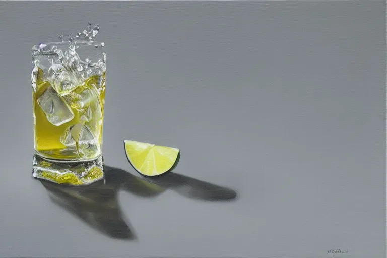 Image similar to award winning oil painting portrait of an ice cube starting to melt in the forefront surrounded by a lime wedge, an empty bottle of tequila and fallen salt shaker. black background