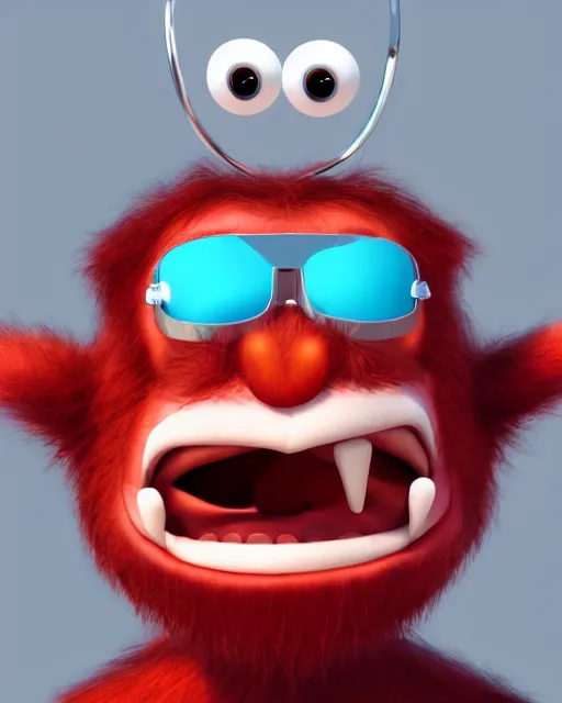 Image similar to 3 d render of completely red hairy friendly monster smiling wearing chrome shades, cute, cartoony, white background, unreal engine 5