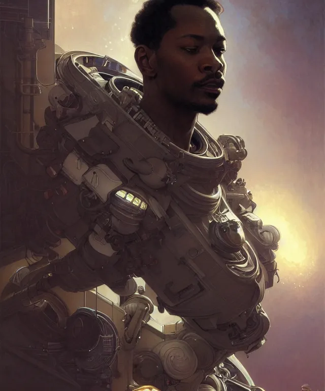 Image similar to Short muscular man in spacecraft loading bay, portrait, face, dark hair, black skin, sci-fi, intricate, elegant, highly detailed, digital painting, artstation, concept art, smooth, sharp focus, illustration, art by artgerm and greg rutkowski and alphonse mucha